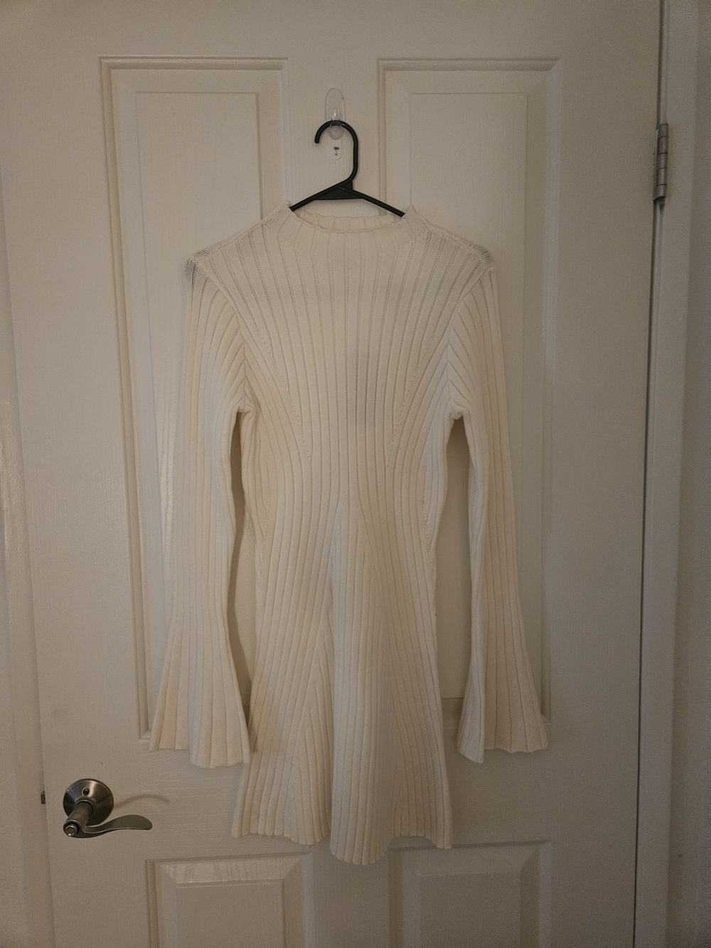 Cream Ribbed Long-Sleeve Knit Dress